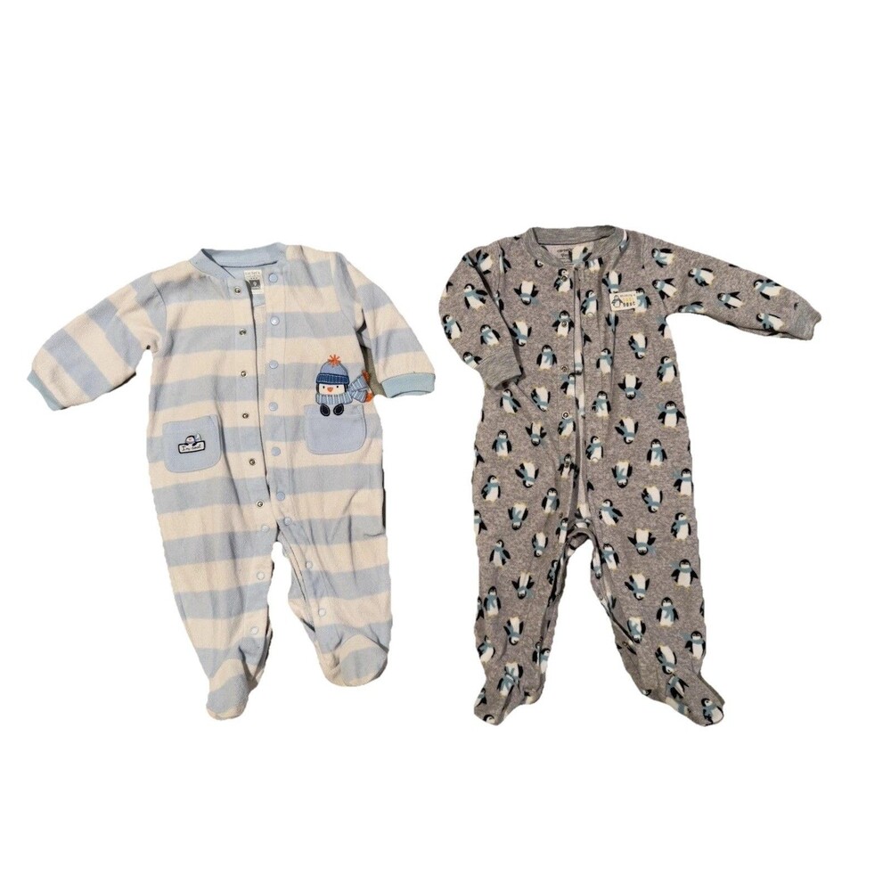 Vintage Carters 1990s Y2K Boys 9M Pajamas FLEECE FOOTED SLEEPER Penguins 9-12M